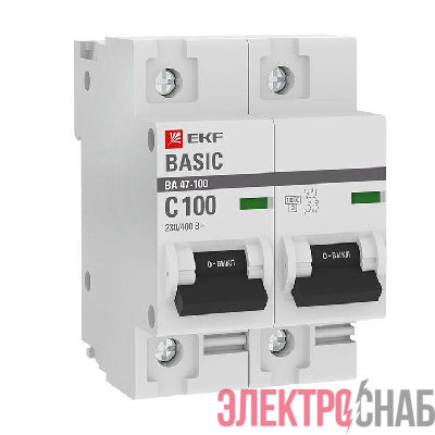 Выключатель автоматический модульный 2п C 100А 10кА ВА 47-100 Basic EKF mcb47100-2-100C-bas