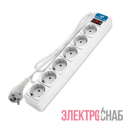 Удлинитель с сетевым фильтром 6х5м с заземл 10А IP20 2.2кВт ПВС 3х1 с выкл. бел. DOMTOK 2517