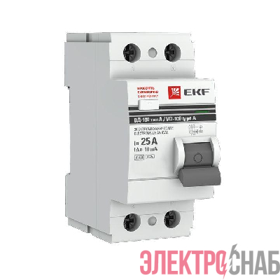 Выключатель дифференциального тока (УЗО) 2п 25А 10мА тип A ВД-100 (электромех.) PROxima EKF elcb-2-25-10-em-a-pro