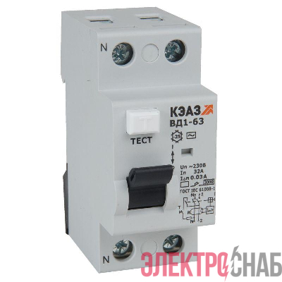 Выключатель дифференциального тока (УЗО) 2п 25А 30мА тип AC ВД1-63 2225 УХЛ4 КЭАЗ 221903