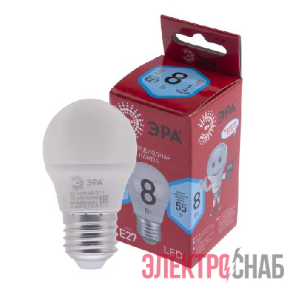 Лампа светодиодная RED LINE LED P45-8W-840-E27 R 8Вт P45 шар 4000К нейтр. бел. E27 Эра Б0049645