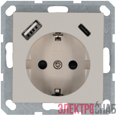 Розетка Shuko 16А с заземл. защ. шторки с 2-мя заряд. устройствами USB тип A+C 25Вт механизм тауп Jasmart G5501USB-25T