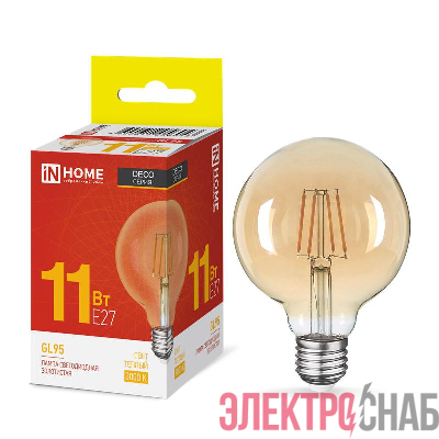 Лампа светодиодная филаментная LED-GL95-deco gold шар золотистая 11Вт 230В E27 3000К 1040лм IN HOME 4690612056043