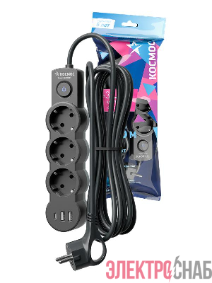Удлинитель 3х1.5м с заземл. 10А IP20 USB 2800Вт 220В ПВС 3х1 с выкл. черн. КОСМОС YKsm1.5m3g-Z-VU10А-B