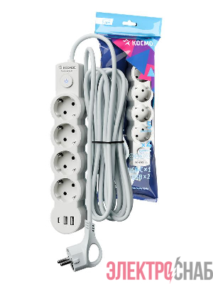 Удлинитель 4х5м с заземл. 10А IP20 USB type-Aх2 + type-C 2500Вт 220В ПВС 3х1 с выкл. бел. КОСМОС YKsm5m4g-Z-VU10А-W