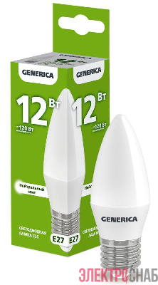 Лампа светодиодная C35 12Вт свеча 4000К E27 230В GENERICA LL-C35-12-230-40-E27-G