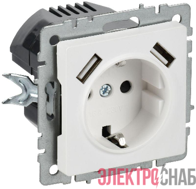Розетка BRITE РЮш10-1-БрАБ 16А с USB A+A 2.1А с заземл. защ. шторки механизм арктич. бел. IEK BR-R14-16-U21-D21-K91