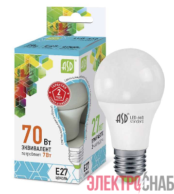 Лампа светодиодная LED-A60-standard 7Вт грушевидная 4000К бел. E27 630лм 160-260В ASD 4690612001678