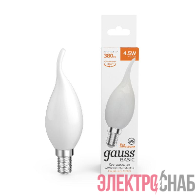 Лампа светодиодная филаментная Basic Filament 4.5Вт Свеча на ветру 2700К Е14 380лм milky GAUSS 1045115