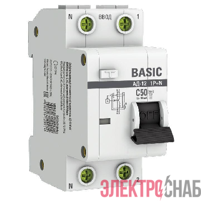 Выключатель автоматический дифференциального тока 2п (1P+N) C 50А 30мА тип AC 4.5кА АД-12 Basic EKF DA12-50-30-bas