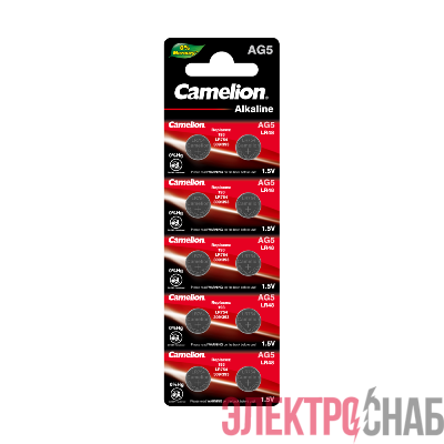 Элемент питания алкалиновый "таблетка" LR754/393A/193/G 5 Mercury Free AG5-BP0%Hg для часов BL-10 (блист.10шт) Camelion 12813