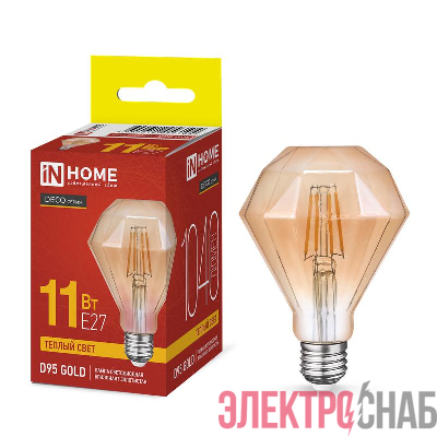Лампа светодиодная филаментная LED-D95-deco gold бриллиант золотистая 11Вт 230В E27 3000К 1040лм IN HOME 4690612056104