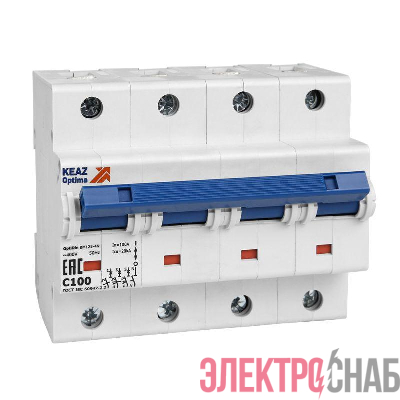 Выключатель автоматический модульный 4п (3P+N) C 100А 6кА OptiDin BM125-4NC100-8ln-УХЛ3 КЭАЗ 138593