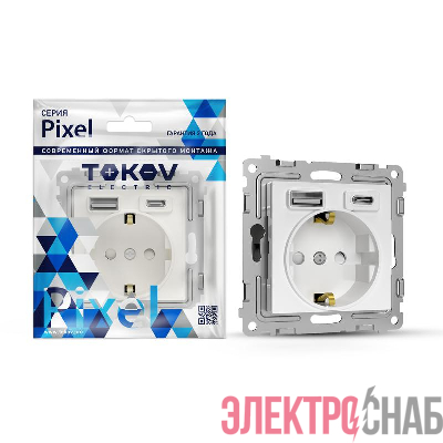 Розетка 1-м СП Pixel IP20 с заземл. с 2-мя заряд. устр. USB тип A+C механизм бел. TOKOV ELECTRIC TKE-PX-R1U2AC-C01