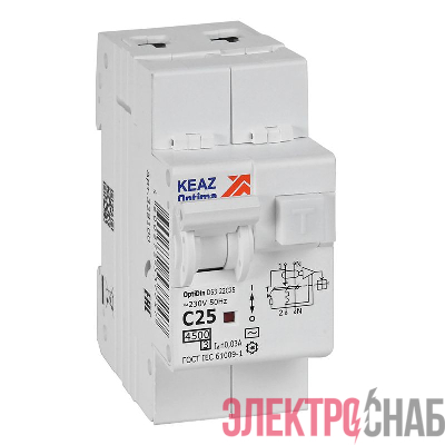 Выключатель автоматический дифференциального тока 2п C 25А 30мА тип AC 4.5кА OptiDin D63-22C25-AC-У3 с защитой от сверхтоков КЭАЗ 328100