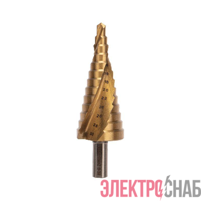 Сверло ступенчатое 6-8-10-12-14-16-18-20-22-24-26-28-30мм Р6М5 ТИТАН трехгр. хвостовик Kranz KR-12-6616