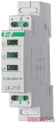 Указатель напряжения LK-713 3 зел. светодиода (сигнализация наличия 3ф 35мм 3х400/230+N IP20 монтаж на DIN-рейке) F&F EA04.007.002