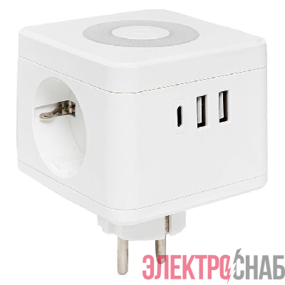 Разветвитель 3-м куб 2 гнезда 2хUSB 2.4А + тип C + ночник EKF UBA-CUB-T2-TC