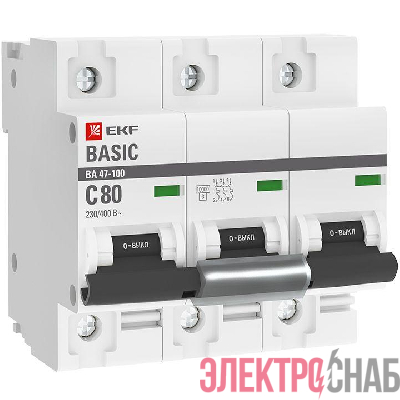 Выключатель автоматический модульный 3п C 80А 10кА ВА 47-100 Basic EKF mcb47100-3-80C-bas