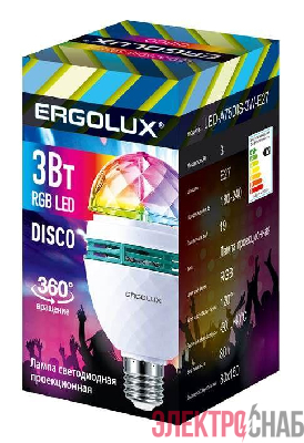 Лампа светодиодная DISCO 3Вт Е27 RGB 220-240В LED-A75DIS-3W-E27 Ergolux 14541