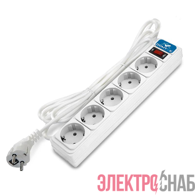 Удлинитель с сетевым фильтром 5х5м с заземл 10А IP20 2.2кВт ПВС 3х1 с выкл. бел. DOMTOK 2529