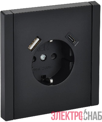 Розетка FORTE&PIANO FP147 16А USB A+C 18Вт с заземл. защ. шторки винт. крепл. черн. IEK FP-R14-16-U22-018-K02