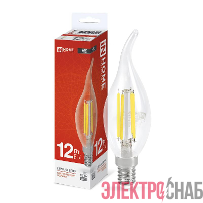 Лампа светодиодная филаментная LED-СВЕЧА НА ВЕТРУ-deco свеча на ветру прозрачная 12Вт 230В E14 4000К 1350лм IN HOME 4690612056005