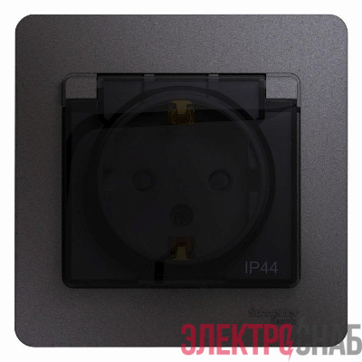 Розетка 1-м СП Glossa 16А IP44 250В с заземл. защ. шторки с крышкой в сборе графит SE GSL001348