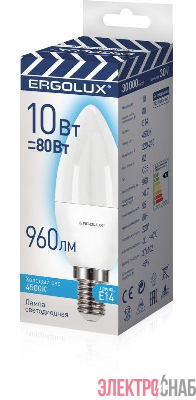 Лампа светодиодная Свеча 10Вт E14 4500К 220-240В ПРОМО LED-C35-10W-E14-4K Ergolux 14545