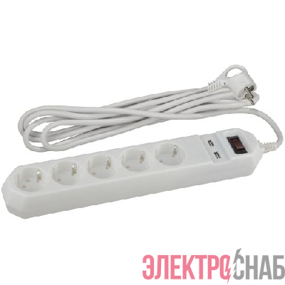 Удлинитель с сетевым фильтром 5х1.5м с заземл. 10А IP20 2хUSB ПВС 3х0.75 с выкл. бел. Эра Б0019037