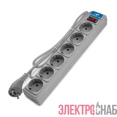 Удлинитель с сетевым фильтром 6х3м с заземл 10А IP20 2.2кВт ПВС 3х1 с выкл. сер. DOMTOK 2519