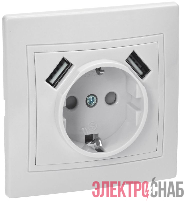Розетка 1-м СП Кварта РЮш10-1-КБ 16А USBх2 2.1А с заземл. бел. GENERICA KV-R14-16-U2-K01