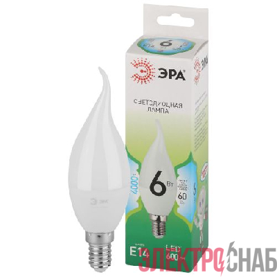 Лампа светодиодная GREEN LINE BXS-6W-840-E14 GL 6Вт свеча на ветру 4000К яркий свет бел. E14 Эра Б0067131