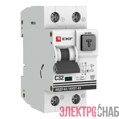 Выключатель автоматический дифференциального тока 2п C 32А 100мА тип A 6кА АВДТ-63 электромех. PROxima EKF DA63-32-100em