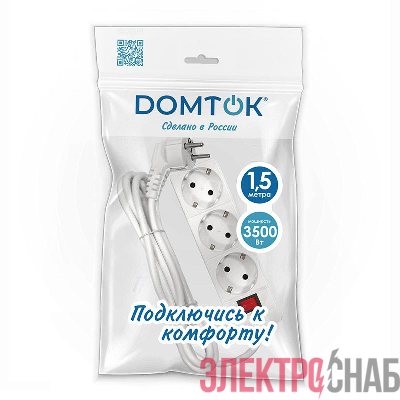 Удлинитель 3х1.5м с заземл. 16А IP20 3.5кВт ПВС 3х1 с выкл. бел. DOMTOK 2379