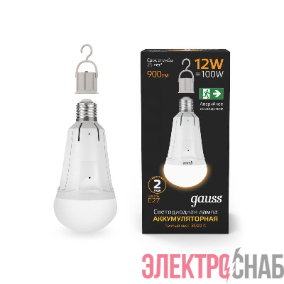 Лампа светодиодная Black 12Вт A80 грушевидная 3000К тепл. бел. E27 900лм авар. аккум. Li-Ion GAUSS 102002112