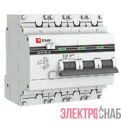 Выключатель автоматический дифференциального тока 4п (3P+N) 20А 100мА тип АC 4.5кА АД-32 PROxima EKF DA32-20-100-4P-pro