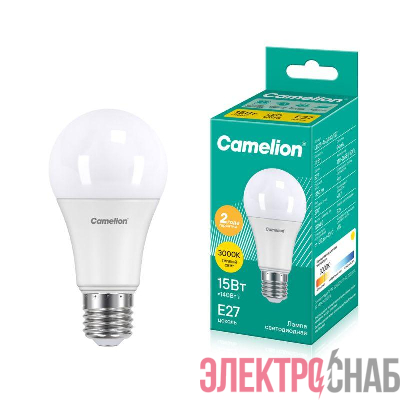 Лампа светодиодная LED15-A65/830/E27 15Вт грушевидная 3000К тепл. бел. E27 1280лм 170-265В Camelion 12185