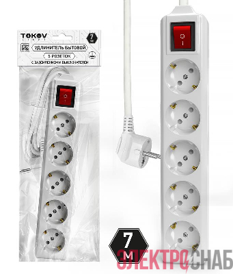 Удлинитель 5х7м с заземл. с выкл. 10А 3х1.5 TOKOV LIGHT TKL-C01-BU5-7-1.5-ZV