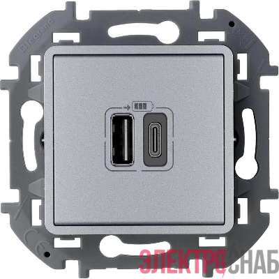 Устройство зарядное Inspiria с 2-мя USB разьемами A и C 240В/5В 3000мА алюм. IEK 673762