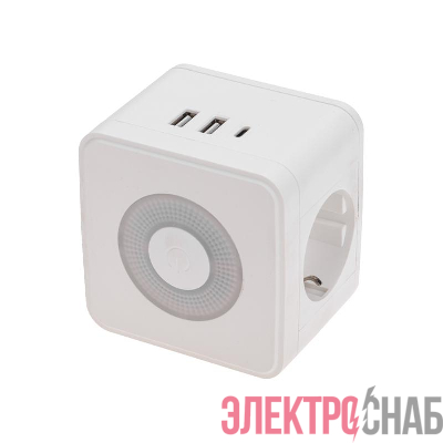 Двойник электрический Куб 16А с/з+2хUSB-A 2.4А+USB Type-C 3А с ночной подсветкой бел. Rexant 11-1251