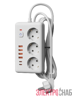 Удлинитель с сетевым фильтром 3х1.5м 10А 4USB + 2USBC 2500Вт ПВС 3х1 прямоуг. бел. КОСМОС FKsm1.5m-3gPF(W)USB