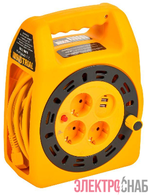 Удлинитель на катушке 3х15м с заземл. Industrial УК15 2P+PE 3х1.5кв.мм USBх2 LED термозащита IEK IN-KP24-16-03-15-UL