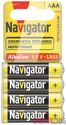 Элемент питания 95 458 NBT-03 AAA LR03 4SHBP (уп.4шт) NAVIGATOR 95458