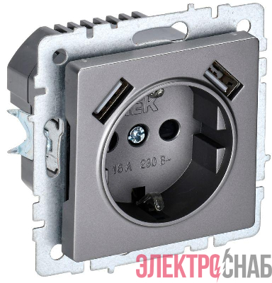 Розетка BRITE РЮш10-2-БрС 16А с USB A+A 3.1А с заземл. защ. шторки механизм сталь IEK BR-R14-16-U21-D31-K46