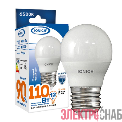 Лампа светодиодная G45 12Вт шар 6500К E27 1080лм 230В IONICH 1629