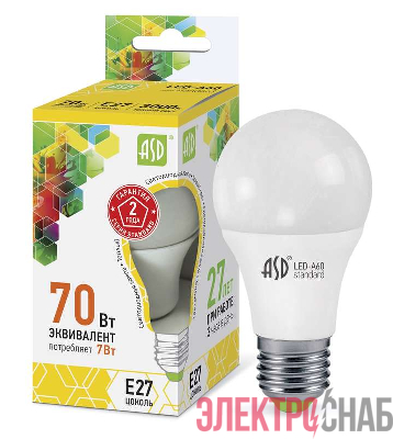 Лампа светодиодная LED-A60-standard 7Вт грушевидная 3000К тепл. бел. E27 630лм 160-260В ASD 4690612001692