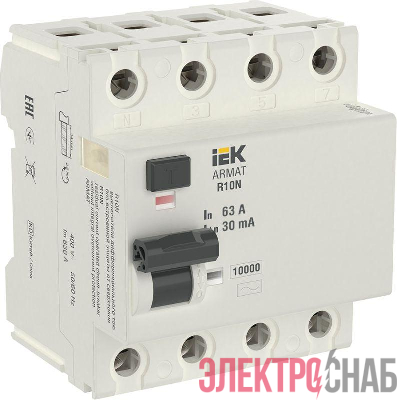 Выключатель дифференциального тока (УЗО) 4п 63А 30мА тип AC ВДТ R10N ARMAT IEK AR-R10N-4-063C030