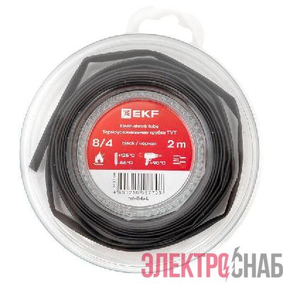 Трубка термоусадочная ТУТ нг 8/4 черн. ролик 2 м EKF tut-8-b-b