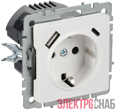 Розетка BRITE РЮш11-1-БрАБ 16А с USB A+C 18Вт с заземл. защ. шторки механизм арктич. бел. IEK BR-R14-16-U22-018-K91